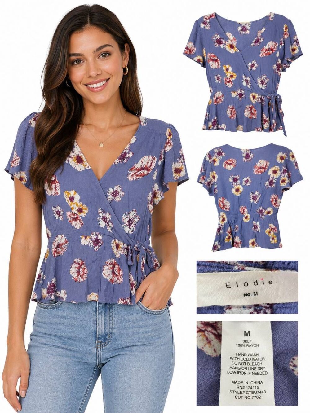 Eloquii Women's Navy Blue Floral Blouse Short Sleeve Lightweight Top Size M